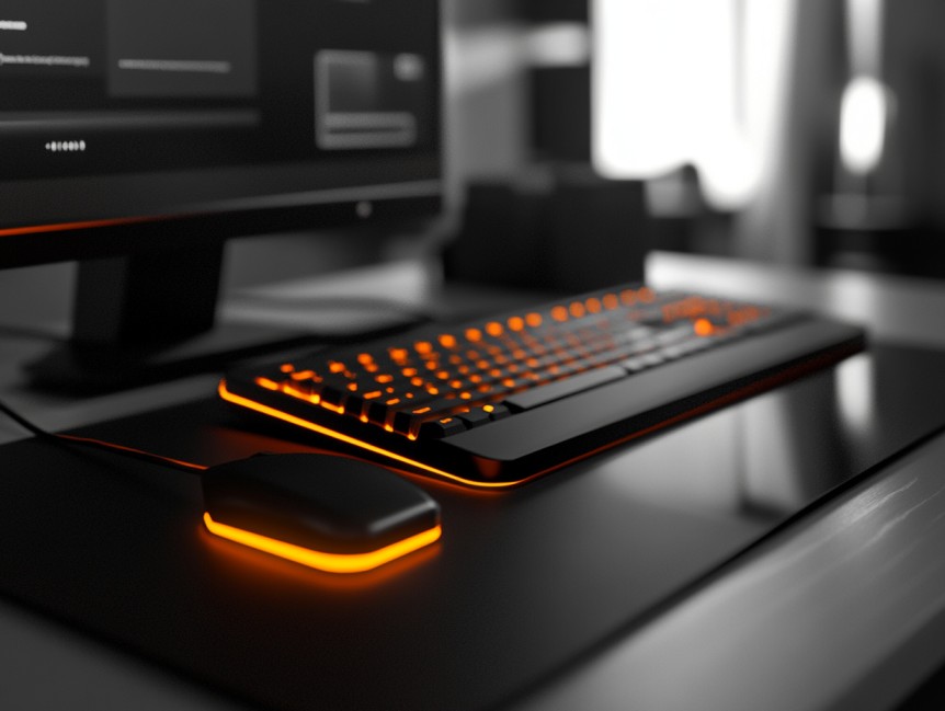 Eine PC- Tastatur und eine PC-Maus, die orange leuchten. Code Thirteen, LLC Gründung, Solution Thirteen LLC, Firma im Ausland gründen, website